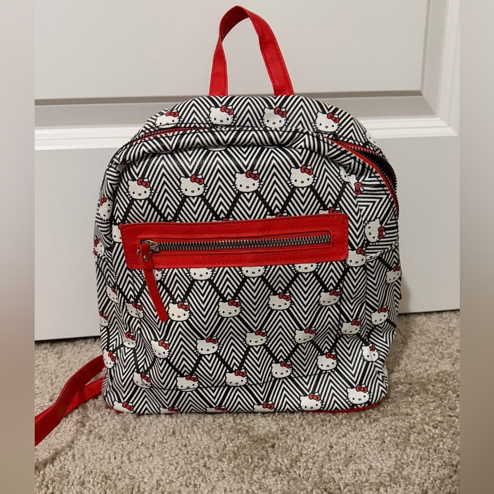 Sanrio Hello Kitty Faux Leather Mini Backpack Black/White Red Trim